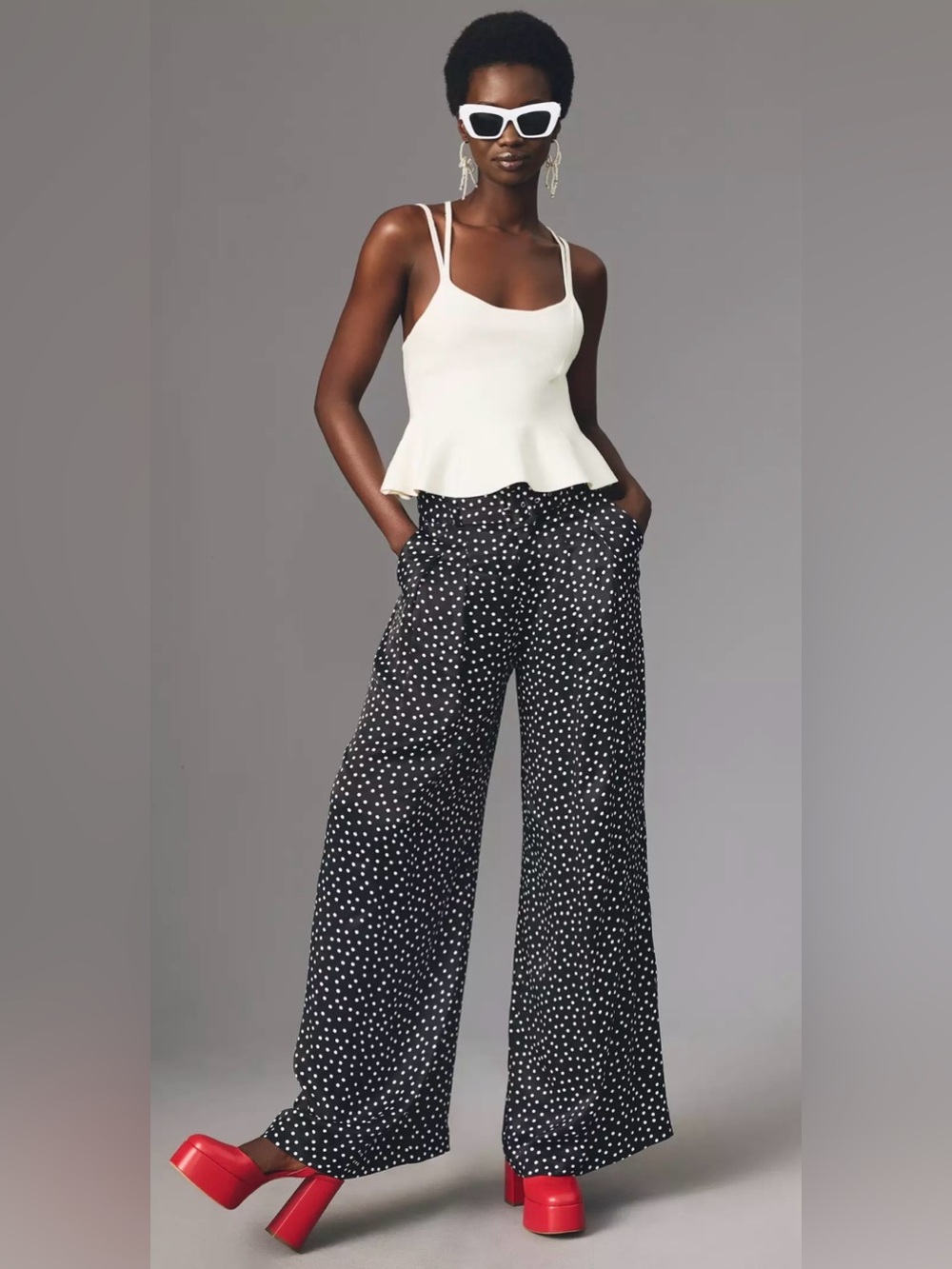 Anthropologie The Avery Pleated Wide-Leg Trousers By Maeve Polka Dots Sz 16 TALL